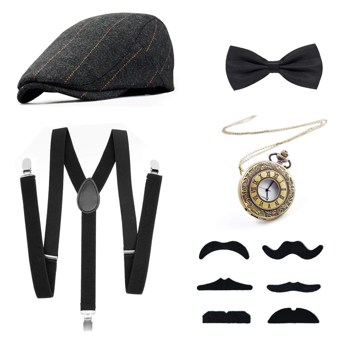 Playtee 1920s Gatsby Costume for Men Fancy Dress Accessories Set - Panama Hat, Elastic Y-Back Suspender, Bow Tie, Fake Moustache and Vintage Pocket Watch