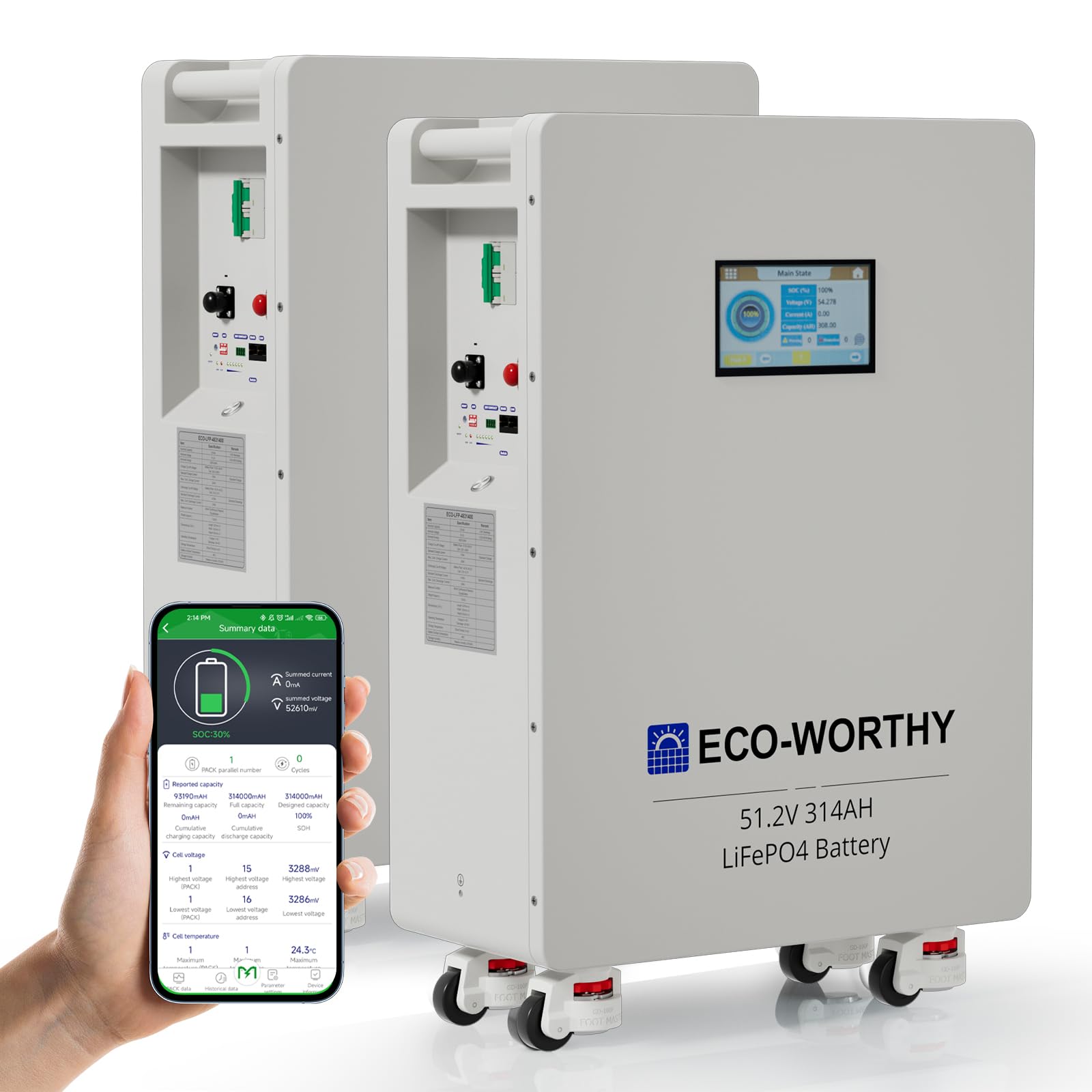ECO-WORTHY 2PACK 48V 314Ah LiFePO4 Batterie 32,2kWh Stromspeicher und Leistungsschaltern 200A PACE BMS RS485/CAN/RS232 mit Bluetooth WLAN für Notstromversorgung zu Hause Netzunabhängige Solaranlagen