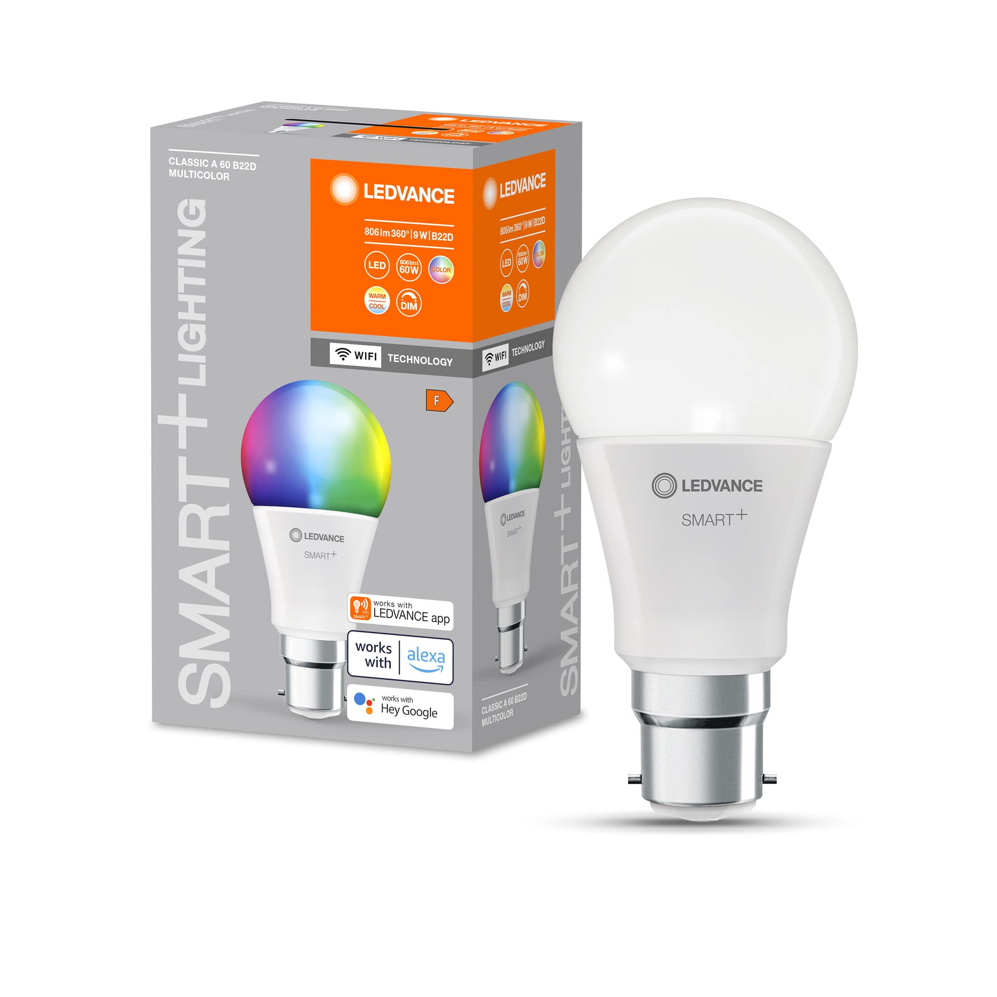 LEDVANCE Smart LED lamp with WiFi Technology, B22d-base matt Optics ,RGBW Colour Changeable, Light Colour Changeable (2700K-6500K), 806 Lumen, 60W-Replacement, Smart dimmable, 4-Pack