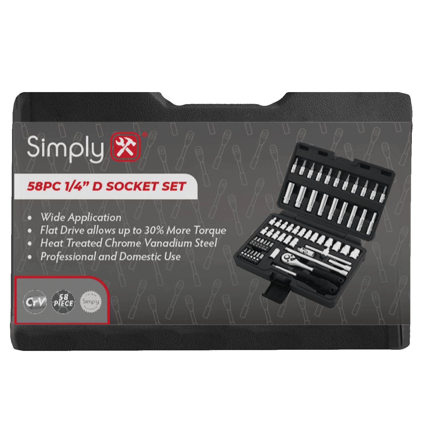 Simply TSET32 58pc 1/4" Inch Drive Socket Set with Carry Case - Multiple Use Essential Tool Set