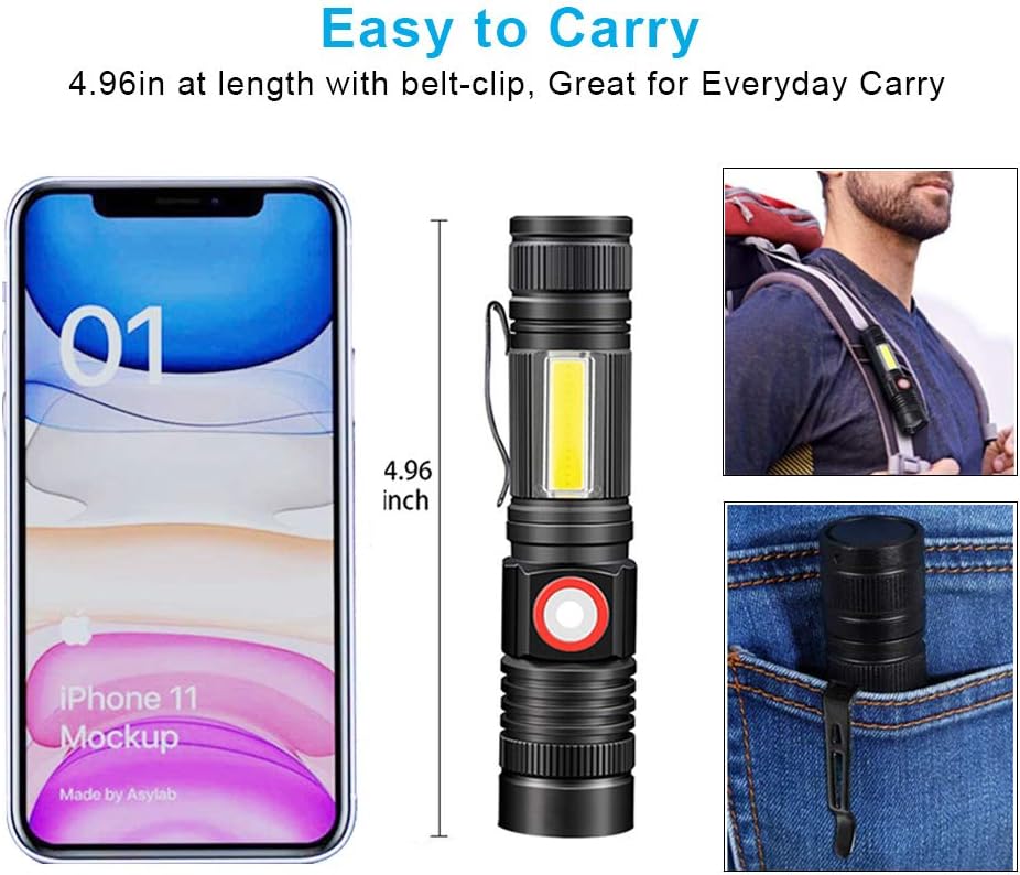 LED Flashlight Rechargeable, Tactical Flashlight Magnetic with Cob (Battery Included), Pocket-Size LED Torch with Clip, Waterproof, Zoomable, 4 Mode Flash Light for Camping, Emergency Use - - 