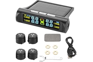 YOLLKY Tire Pressure Monitoring System Wireless Solar Power and USB Charger Monitor, Colorful LCD Display, TPMS with 4 Sensors & 5 Alarm Modes, Real-time Monitoring Pressure and Temperature for Car RV SUV