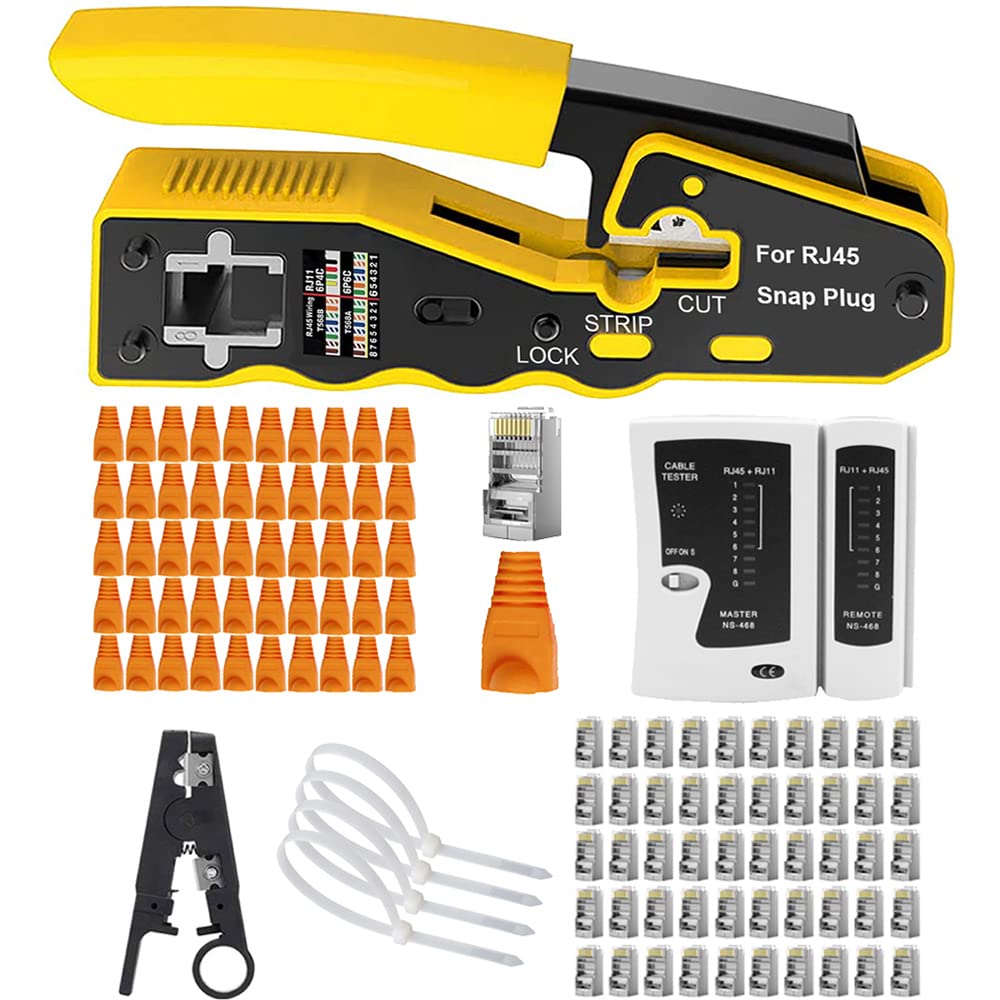 MAYLINE RJ45 Crimp Tool Kit CAT5 CAT6 Ethernet Crimping Tool with 50pcs Pass Through Ethernet LAN Connectors, Punch Down Crimp Cable Tester Crimper Tool Network Wire Stripper (Yellow)