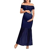AISWI Maternity Off The Shoulder Dress 3D Floral Mesh Ruched Pregnancy Dresses for Baby Shower Photoshoot
