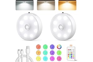 LENOMA Puck Lights with Remote Control, Rechargeable Under Cabinet Lighting, 3 Color Temps, 12 RGB Color LED Motion Sensor Lights Wireless, Dimmable Under Counter Lights for Closet, Kitchen