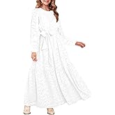 MITILLY Girls Long Sleeve Dress Elegant Floral Crew Neck Elastic Waist Formal Maxi Dresses with Belt 6-12 Years