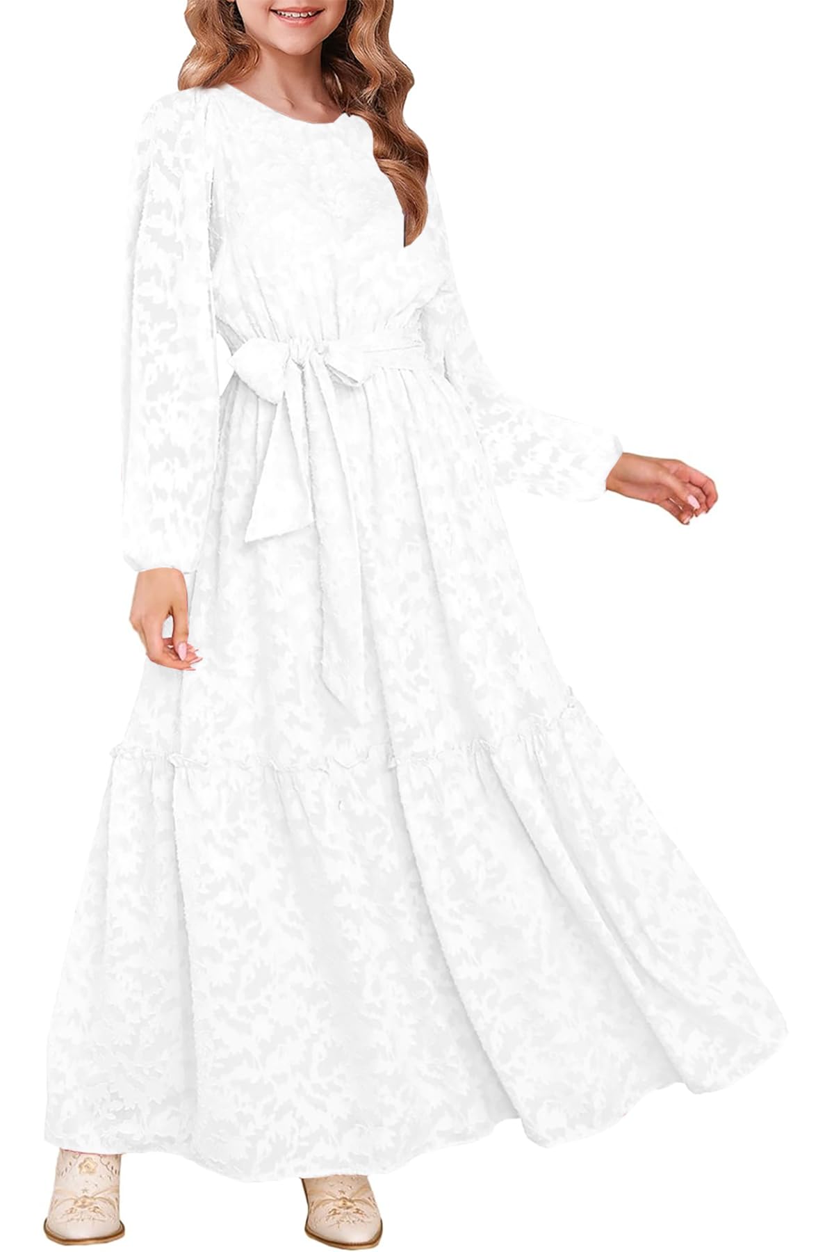 Photo 1 of MITILLY Fall Flower Girl Dress for Wedding Formal Long Sleeve Crew Neck A-Line Elastic Waist Boho Party Maxi Dresses with Belt 12 Years White