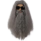 Wizard Beard and Wig, Long Wavy Grey Cosplay Wig for Men Halloween Costume Boys Beard Wig