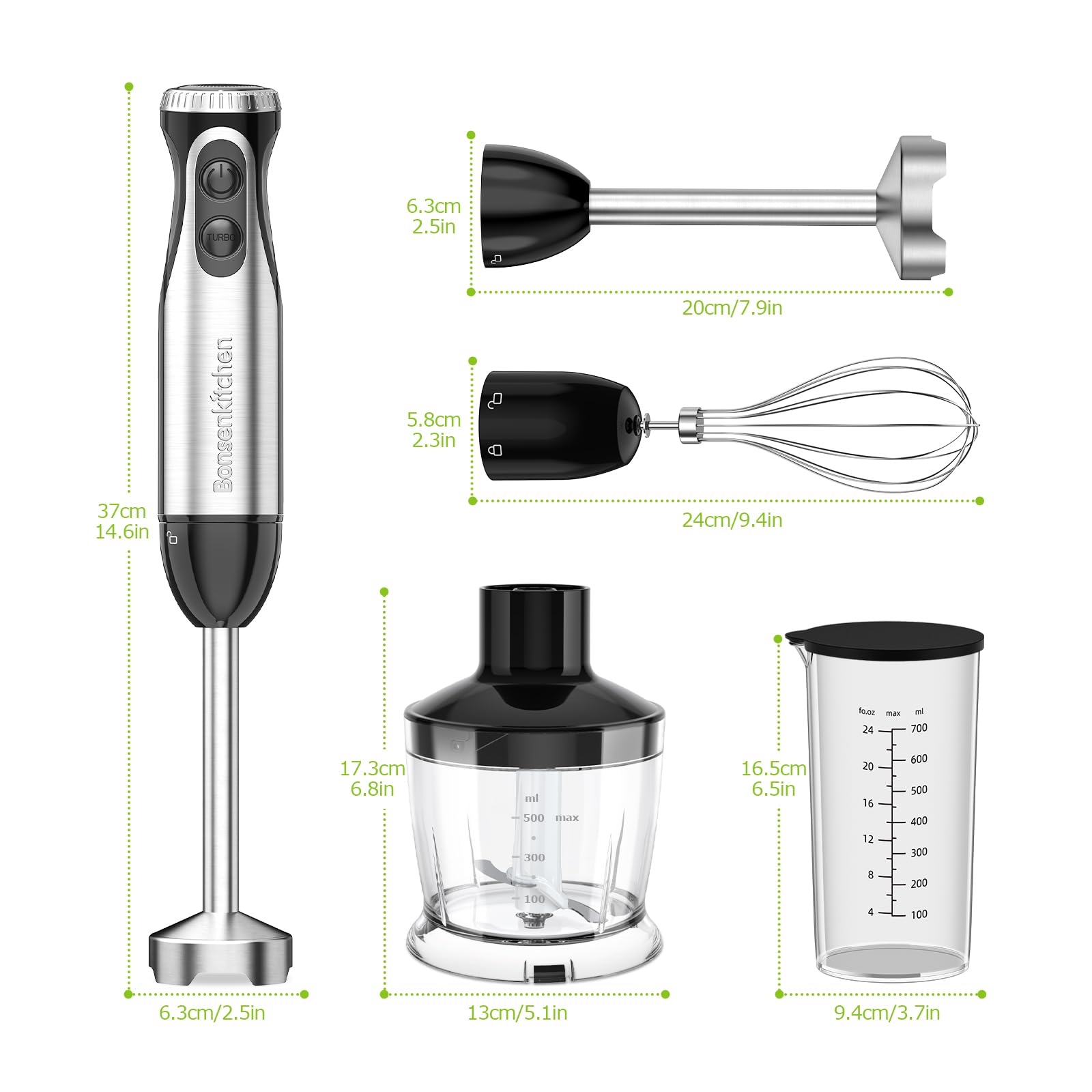 Bonsenkitchen Pürierstab, 4-en-1 Stabmixer Elektrischer, 1000W Stufenlos Geschwindigkeiten, Edelstahl, Schneebesen, 500ml Häcksler und 700ml Messbecher für Babynahrung, HB3203 (Schwarz) 6