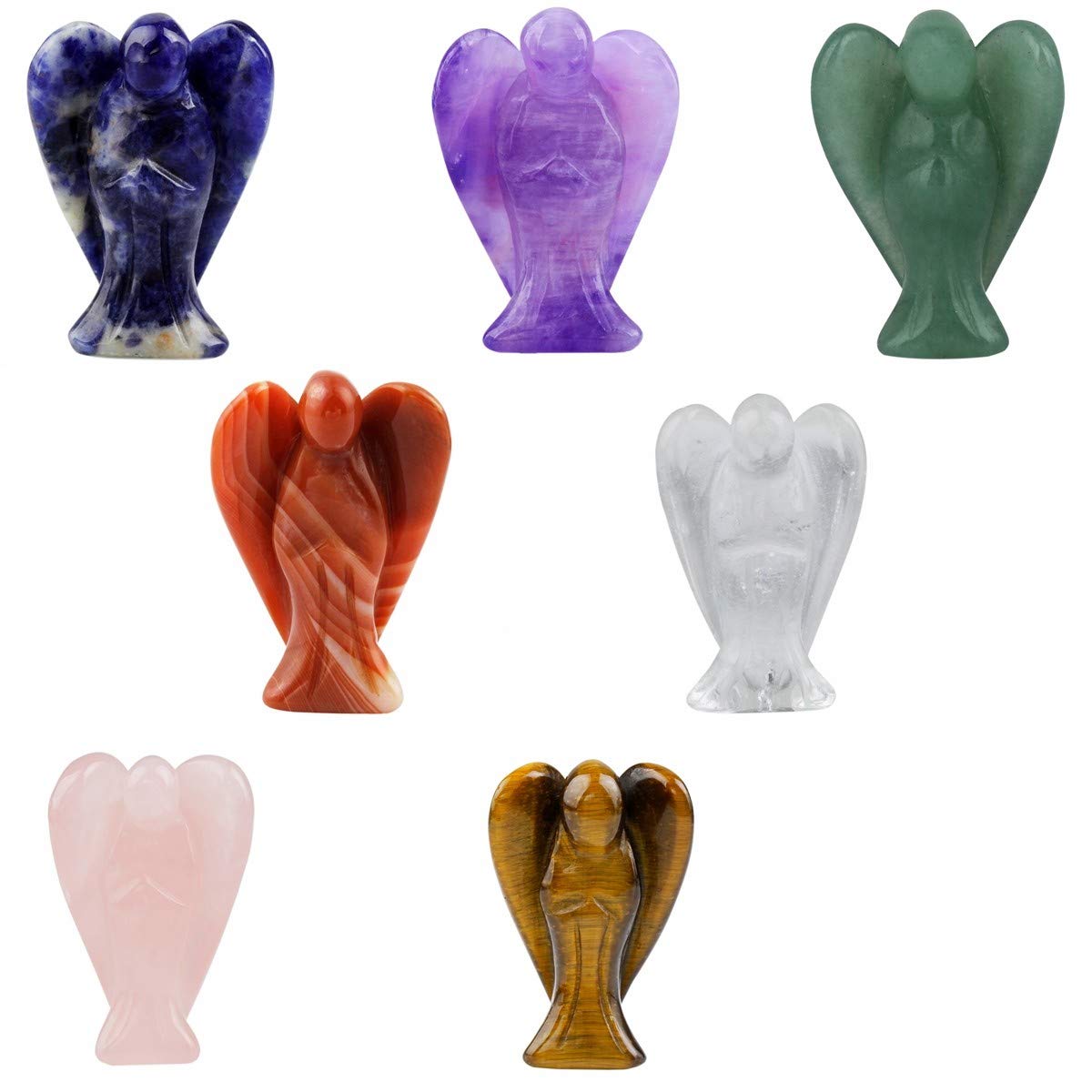 mookaitedecor 1.5 Inch 7 Chakras Crystal Guardian Angel Gemstone Carved Figurine Statue Home Ornament, Healing Crystal Gift, Love Peace Lucky Charm Stone Angel for Reiki Chakra Decoration