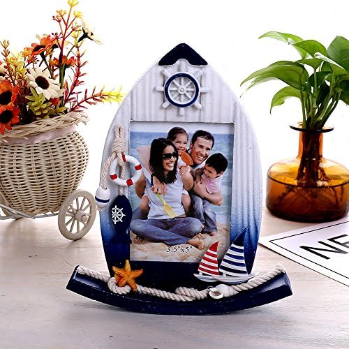 Solid Wooden Photo Frame 3.5x5 inch Size Mediterranean Family Office University Bedroom Gifts Creative Decoration Frame Blue and White Rocking Boat Shape