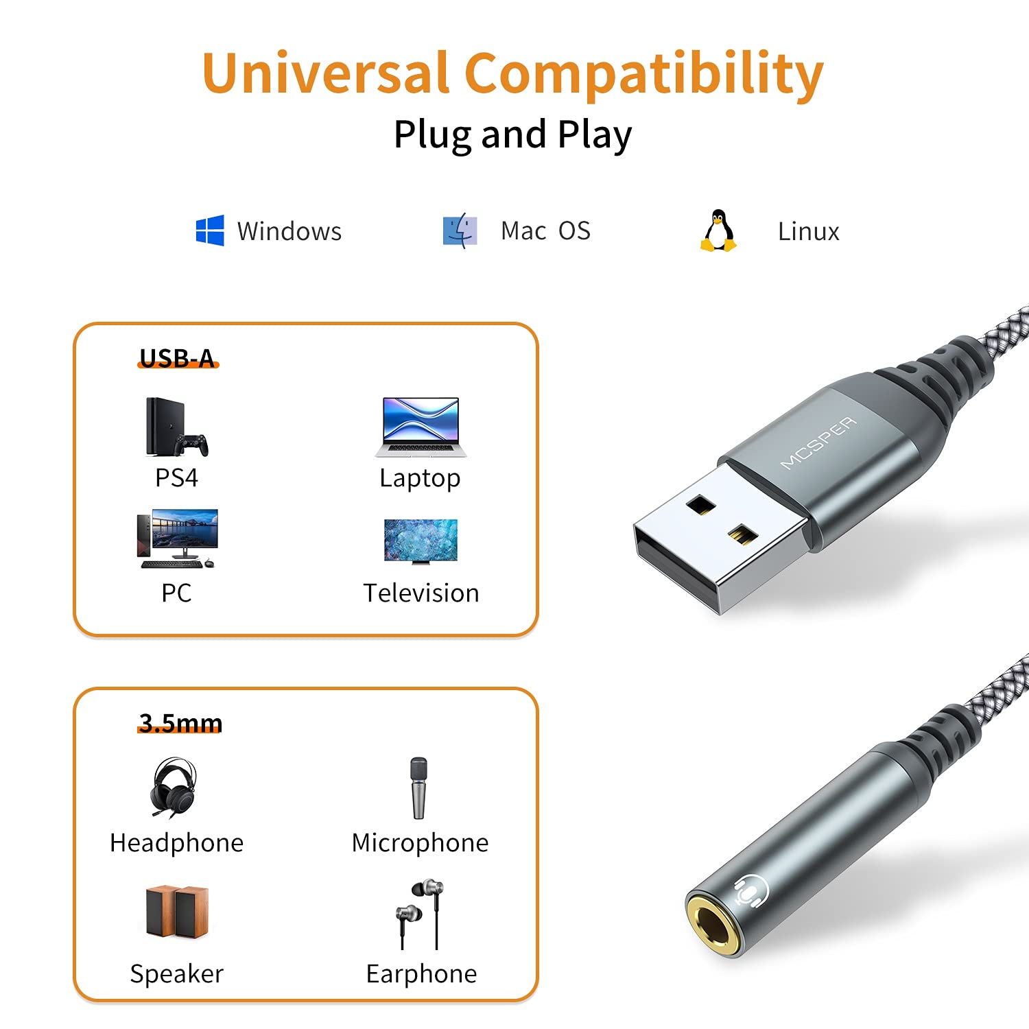 USB to 3.5mm Audio Jack Adapter, External Sound Card Converter Compatible with Headset, PC, Laptop, Mac, Desktops, Linux, PS4 and More Devices (Grey)