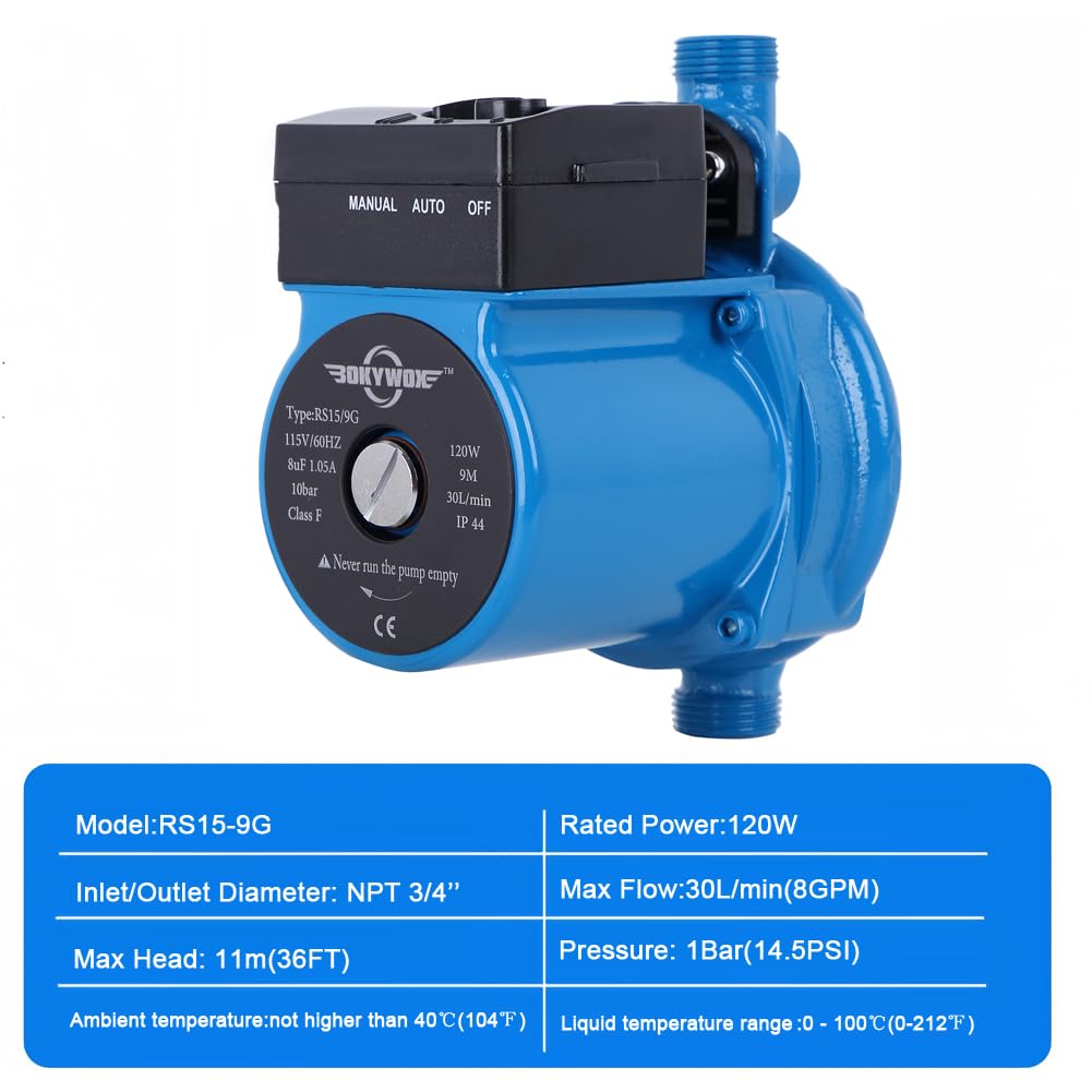 BOKYWOX 110V Automatic Booster Pump NPT3/4'' Domestic Hot Water Recirculating Pump 120W Solar Heater Circulation System Shower&Tap （RS15/9B）