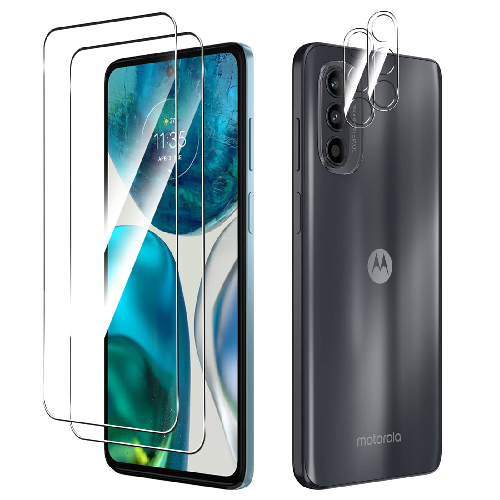 Yenwen Tempered Glass Screen Protector for Motorola Moto G52, Pack of 2 Screen Protectors with 2 Camera Protection, 9H Hardness Tempered Glass Anti-Scratch Protective Glass Anti-Bubble-Free Glass Film