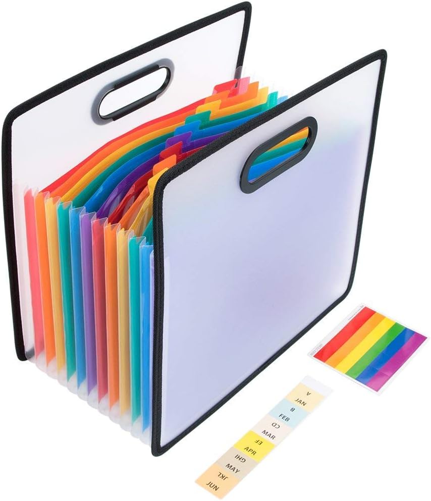 Expanding File Folder Organiser 12 Pockets A4 Portable Expandable Paperwork Document Holder Organizer Desk Accordion Storage Business Filing Box for Office Home Study Test Paper Contract (White)