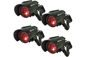 YUARISX Solar Powered Dummy Fake Security Camera Bullet CCTV Surveillance with Simulated LED Realistic Red Flashing Light and Security Warning Sticker Decal Indoor Outdoor, 4 Pack