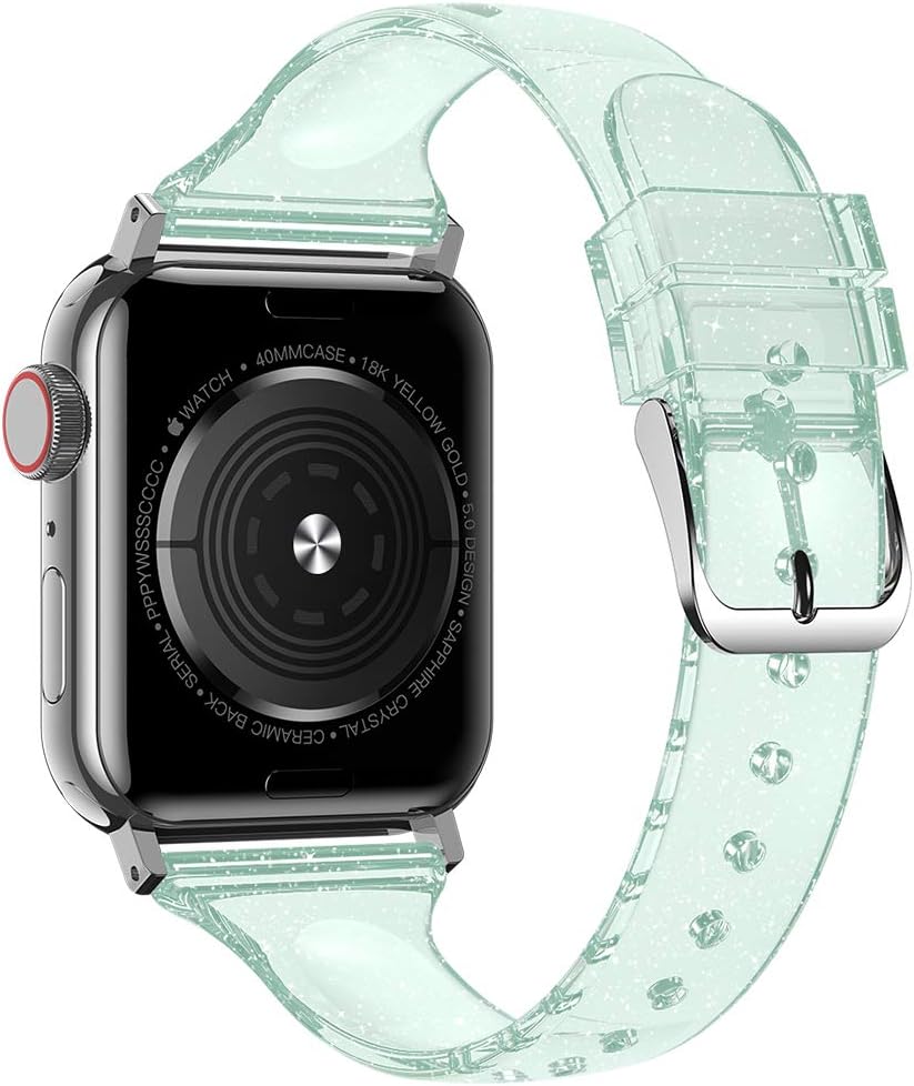 baozai Compatible with Apple Watch Band 38mm 40mm 42mm 44mm, Glitter Clear Soft Slim Thin Narrow Silicone Band for iWatch SE Series 6 Series 5/4/3/2/1 Women (Glistening Green, 38/40mm)