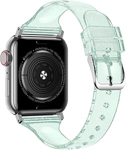 baozai Compatible with Apple Watch Band 38mm 40mm 42mm 44mm, Glitter Clear Soft Slim Thin Narrow Silicone Band for iWatch SE Series 6 Series 5/4/3/2/1 Women (Glistening Green, 38/40mm)
