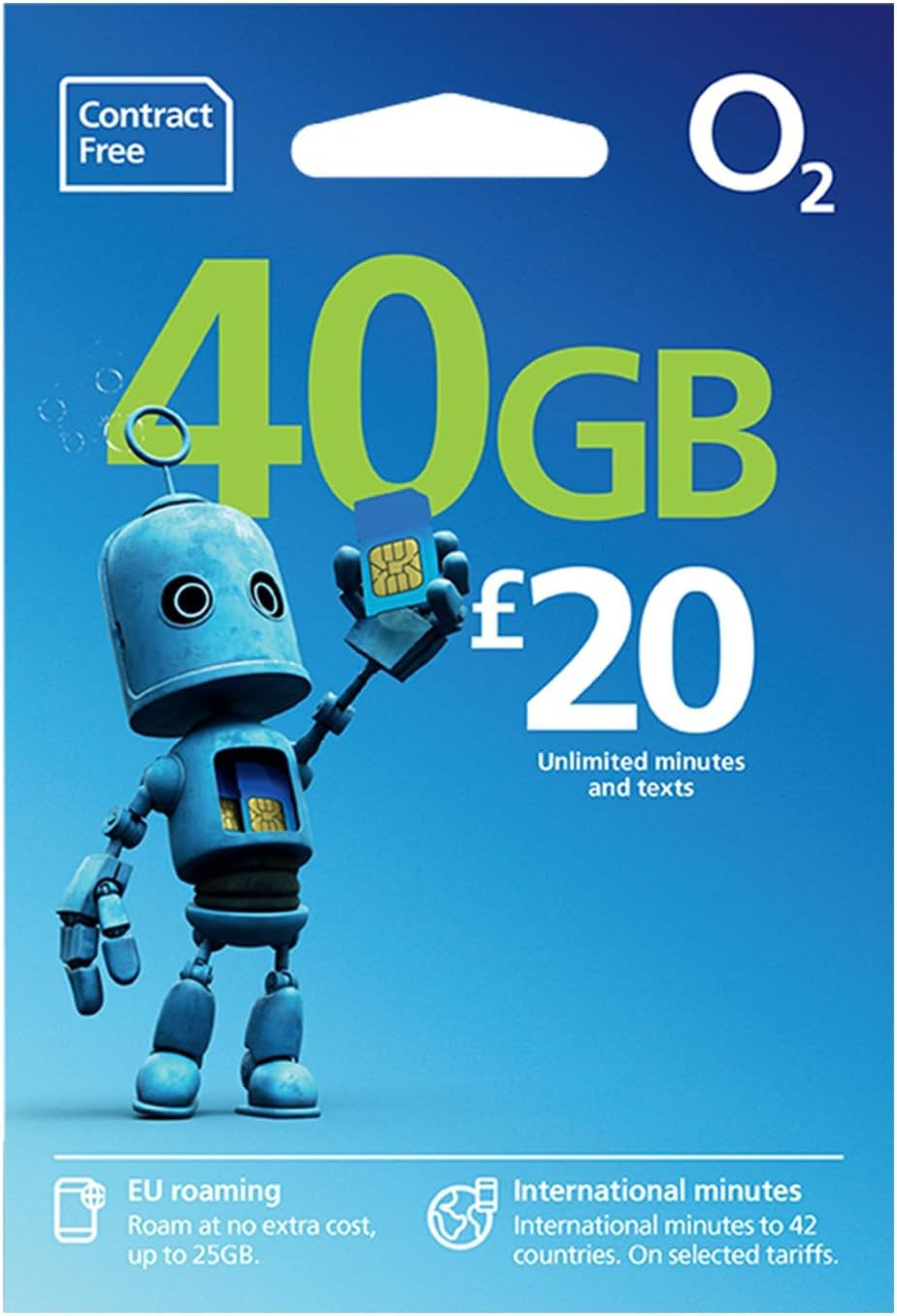 O2 PAY AS YOU GO SIM CARD WITH £20 BUNDLE - 40 GB AND UNLIMITED CALLS AND TEXTS - ROAM IN EUROPE