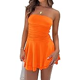 Women Sexy Tube Top Silk Dress Strapless Ruched Basque Waist Ruffle Layer Mini Dress Jumpsuit Party Dresses