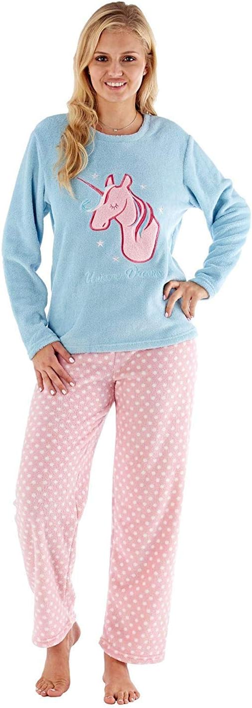 Ladies/Womens Long Sleeve Fleece Pyjamas Pyjama PJ Set Blue/Pink Size 8-18