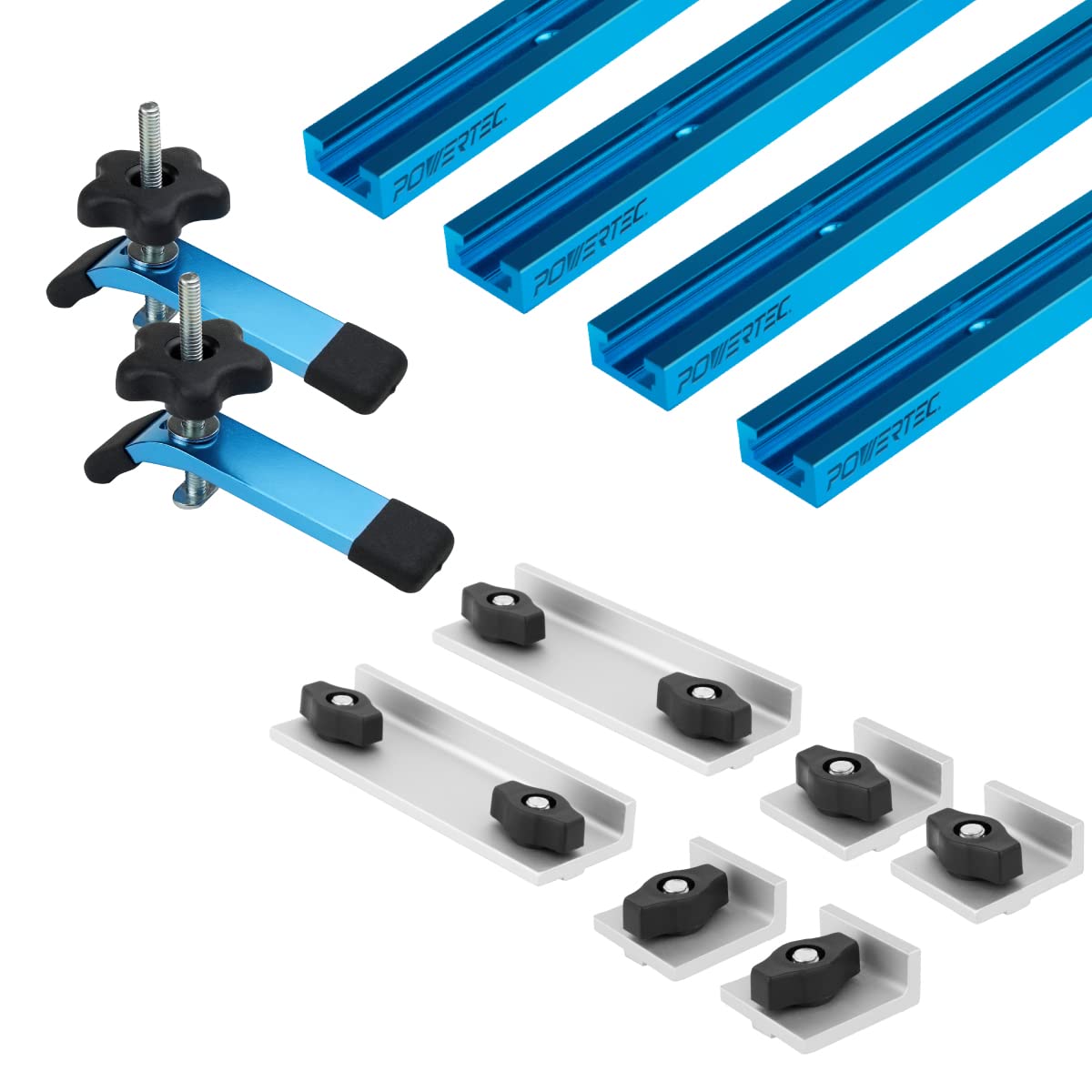PowerTec 71779 24" Double-Cut Profile T Track Kit, Including Long & Short Stops and 5-1/2" Hold Down Clamps