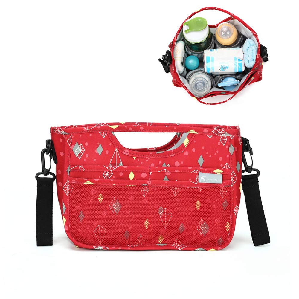 Parents Stroller Organizer Bag with 4 Insulated Cup Holders and Shoulder Strap for Carrying Bottles,Extra-Large Storage Space for iPhones, Wallets, Diapers, Books, Toys, iPads(Red)