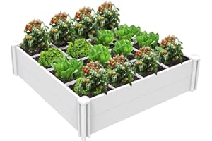 Kdgarden Raised Garden Bed Kit 4'x4' Outdoor Above Ground Planter Box for Growing Vegetables Flowers Herbs, DIY Gardening, Whelping Pen and More, Screwless White Vinyl Garden Bed with Grid