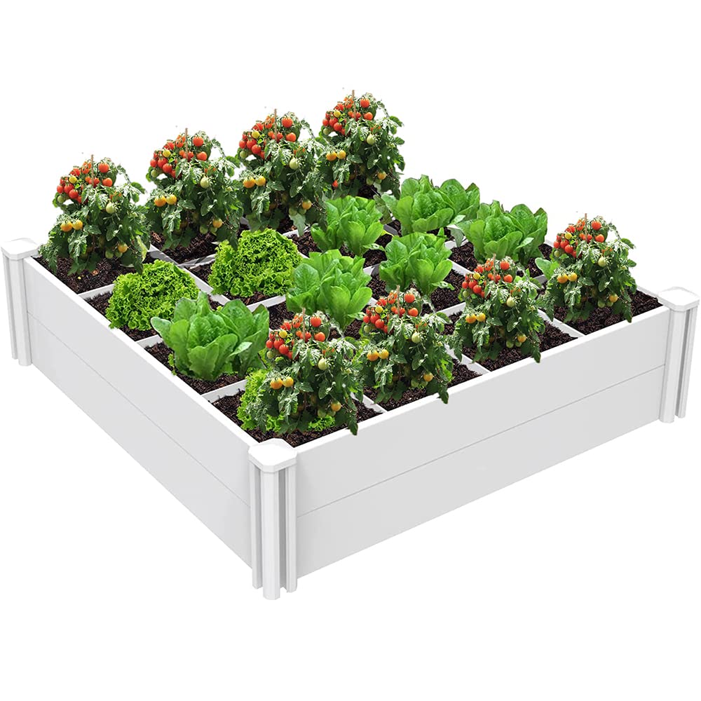 Kdgarden Raised Garden Bed Kit 4'x4' Outdoor Above Ground Planter Box for Growing Vegetables Flowers Herbs, DIY Gardening, Whelping Pen and More, Screwless White Vinyl Garden Bed with Grid Image Kdgarden Raised Garden Bed Kit 4'x4' Outdoor Above Ground Planter Box for Growing Vegetables Flowers Herbs, DIY Gardening, Whelping Pen and More, Screwless White Vinyl Garden Bed with Grid Image
