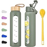 Olivego 32 oz Glass Water Bottle with 2 Lids-Handle Straw Lid & Bamboo Lid,1 Liter Motivataional Tumbler Water Bottle Time Marker, Borosilicate Glass Water Bottles With Silicone Sleeve, Leakproof