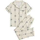 SHENHE Women's Bow Pajamas Short Sleeve Button Down Sleepwear with Long Pants Lounge Set