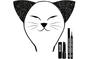 paminify Cat Costume Makeup Kit for Women,Balck Cat Ears Headband with Eyeliner and Black Lipstick,Black Face Paint Stick,Halloween Cat Gliiter Headband Cosplay Accessories for Adults Girls