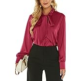 Escalier Women's Silk Blouse Long Sleeve Bow Tie Neck Button Down Shirts Casual Office Work Blouse Tops