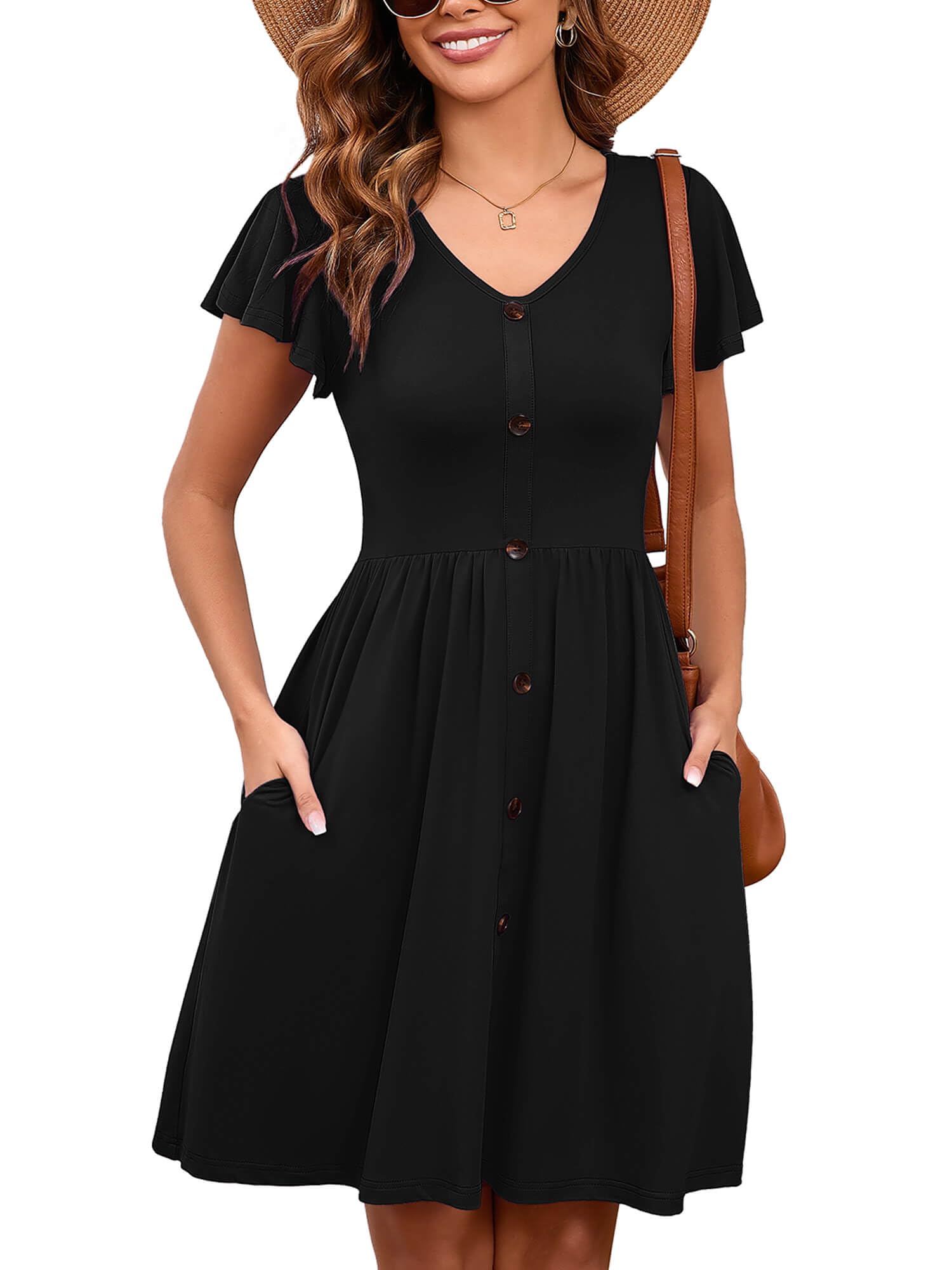 Photo 1 of Heymoments Women Summer Dress Black X-Large Ruffle Sleeve V Neck Casual Cute Loose Sundress Comfy Swing Button Down Midi Work Flowy Tunic Ladies Beach Vacation Teacher Dresses with Pockets
