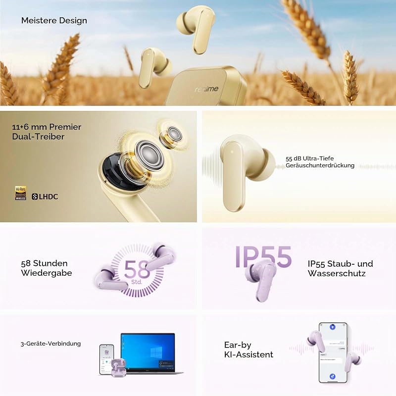 Buds Air8 In Ear kopfhörer Bluetooth mit 58h Spielzeit, AI-Übersetzer, Google Gemini, Hi-Res, LHDC 5.0, IP55, 6-Mikrofon & 45ms Latenz, 3-Geräte Verbindung, Flagship Kabellose Kopfhörer, Grau