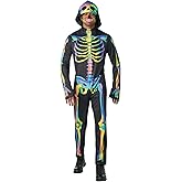 Seasons Rainbow Skeleton Costume with Hood for Man, Black-Light Responsive, Halloween Cosplay Costume