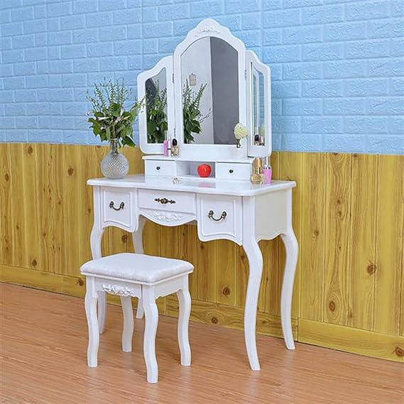 Amazon Com Cozywind Tri Fold Mirror Dressing Table With Dressing Stool Vintage Makeup Dressing Table With Folding Mirror And 5 Drawers White Kitchen Dining