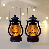 BOVVSKY 2PCS Halloween Pumpkin Lantern with Flickering LED, Portable Jack-O-Lantern for Halloween, Vintage Halloween Lamp Handheld Lantern Oil Lamp for Halloween Decorations Indoor & Outdoor, Orange