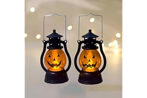 BOVVSKY 2PCS Halloween Pumpkin Lantern with Flickering LED, Portable Jack-O-Lantern for Halloween, Vintage Halloween Lamp Handheld Lantern Oil Lamp for Halloween Decorations Indoor & Outdoor, Orange