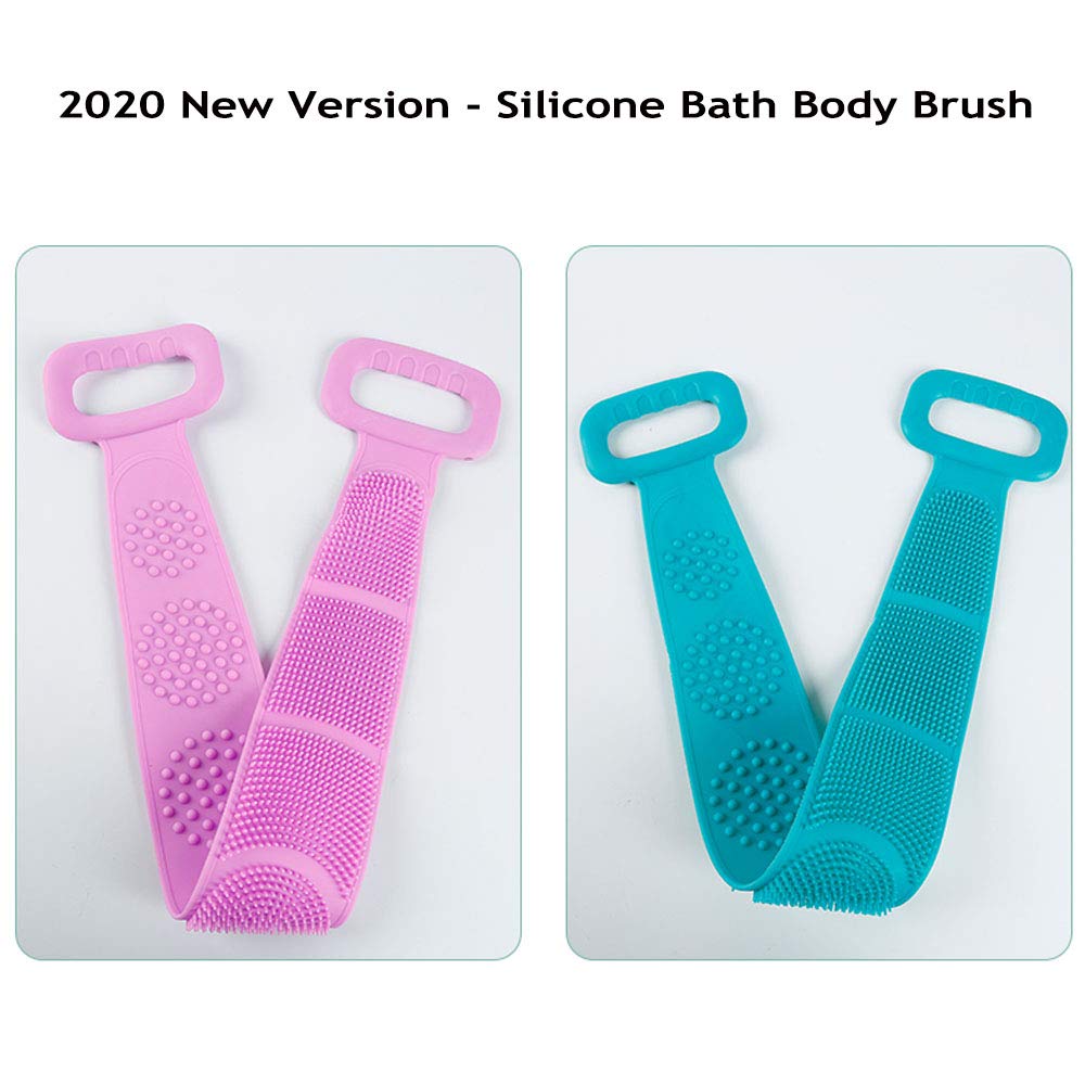 Greeza Silicone Bath Body Brush Scrubber - 28.7 inch Soft Body Back Scrubber for Shower, Double Side Spa Massage & Clean Body Exfoliating Brush Belt, Long Back Brush for Shower Massage (Green+Purple) : Beauty