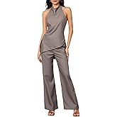 winkbay Women's 2 Piece Party Outfits Elegant Tie Back Halter Top and Wide Leg Pants Matching Sets