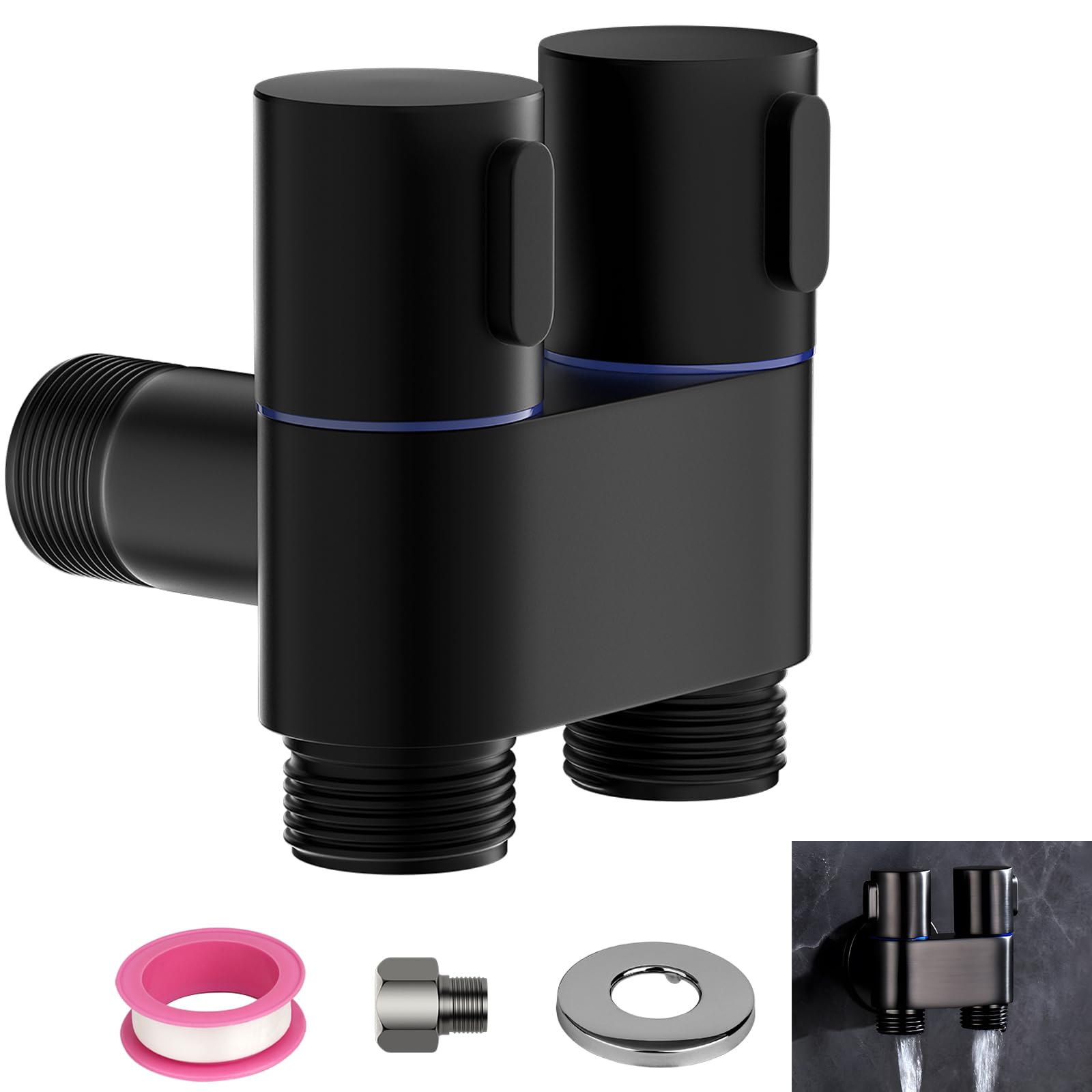 Photo 1 of 1-In-2-Out Dual Control Valve,Water Splitter Valve with Shut-Off, 1/2" Brass Chrome 3 Way Diverter with 3/8” Adapter,Toilet Bidet Sprayer Faucet Accessories,Black