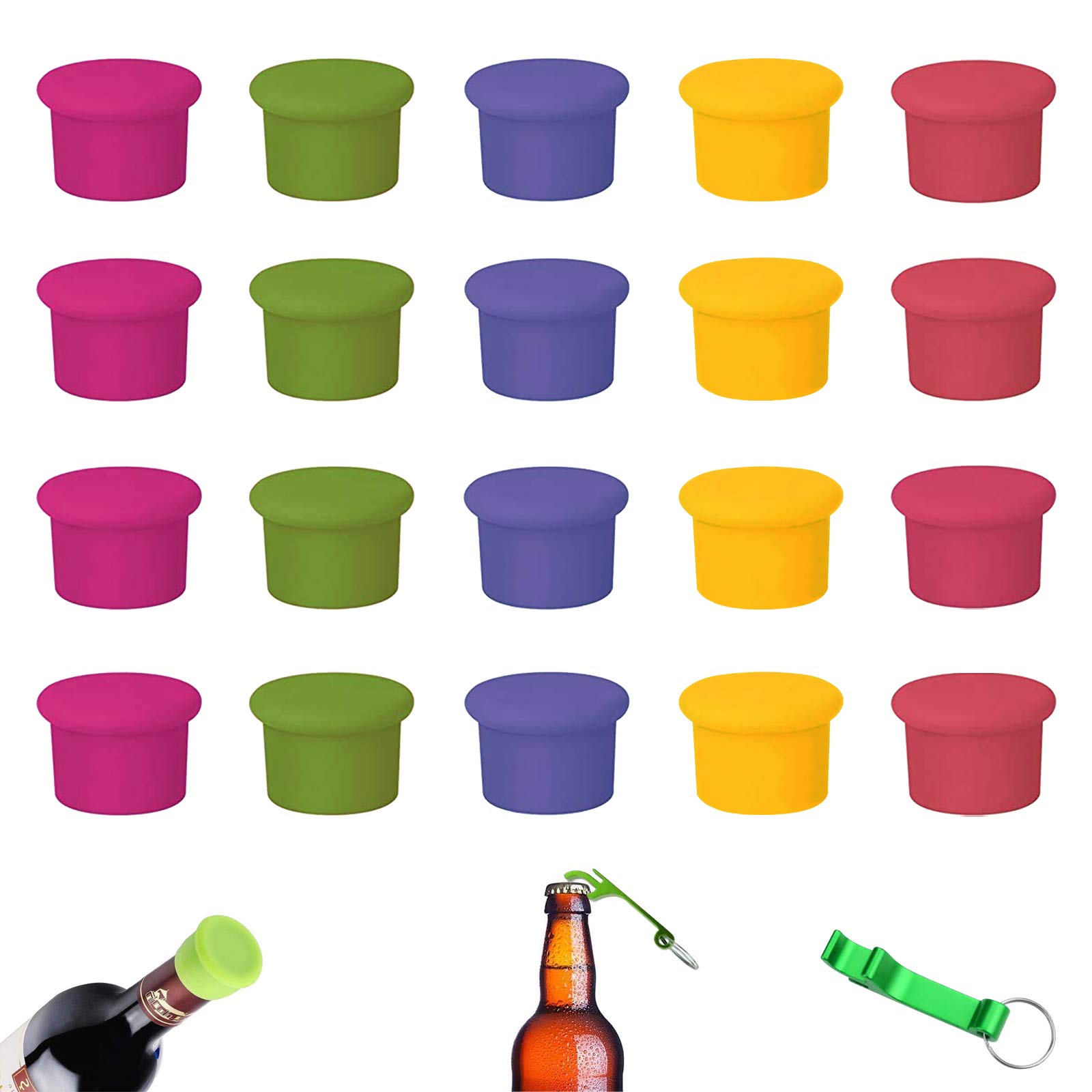 GZhaimai 20 Pieces Silicone Bottle Caps, Reusable Bottle Stopper for Wine, Champagne, Beer, Carbonated Drinks, with 1 Corkscrew, 5 Colours
