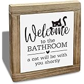 Funny Bathroom Decor, Wooden Box Sign with Cat, Welcome to the Bathroom A Cat Will be with You Shortly Sign, Decorative Signs for Home Toilet Restroom Shelf Tabletop Desk 5.9X5.9X0.7inches