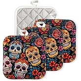 BaHomeck Pot Holder for Kitchen 4pcs,Day of The Dead Skull Pattern with Colorful Floral Designs Square Heat Resistant Hotpads Non Slip Dirt-Proof Kitchen Cook Oven Potholders Machine Washable,7x7in