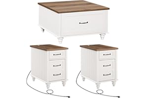 WAMPAT 3 Pieces Living Room Table Set, One Farmhouse Lift Top Coffee Table with Drawer, Set of 2 End Tables Nightstands with 