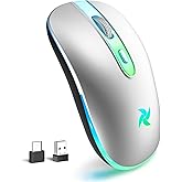 HZD LED Wireless Mouse, Slim Silent Rechargeable Mouse for Laptop, 2.4G Portable USB Optical Mouse with Type C Adapter, 3 Adjustable DPI Levels 1600/1200/800 for Tablet/Computer Sliver