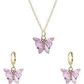Aishgjia Acrylic Butterfly Hoop Huggie Earrings Alloy Colorful Butterfly Dangle Earrings for Women Necklace Set Statement Jewelry