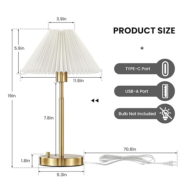 RUIYEY BEDSIDE TABLE LAMP SET OF 2: DIMMABLE NIGHTSTAND BEDSIDE LAMPS WITH USB A AND C PORTS, MODERN METAL AND PLEATED FABRIC SHADE GOLD DESK LAMP FOR HOME OFFICE BEDROOM LIVING ROOM READING