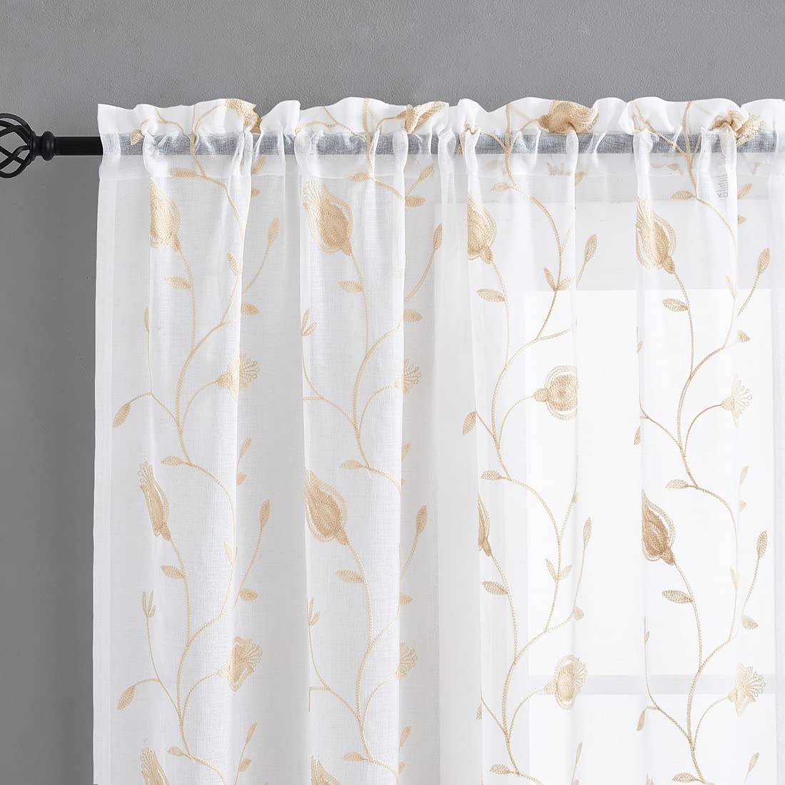 MYSTIC-HOME Sheer Curtains Beige 45 Inch Length,Floral Embroidered Rod Pocket Voile Drapes Treatments Semi Curtain Panels Set of 2, Tulip Beige, 52" Wx45 L
